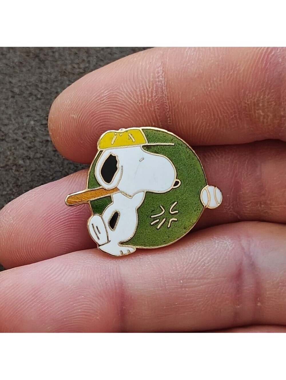 1970s Peanuts Snoopy Baseball Cloisonné Gold Tone Enamel Pin.